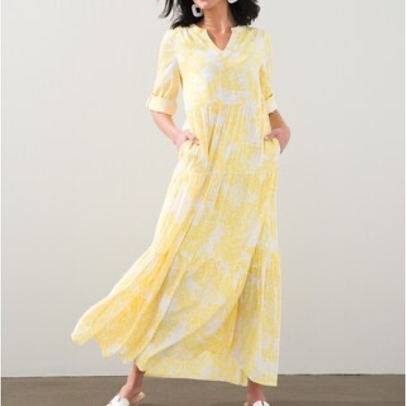 NWT Chicos Tiered Sea Island Paisley Maxi Dress in Yellow Pineapple Size 1/S - Picture 1 of 6